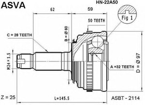 Фото Шарнірний комплект, приводний вал Asva HN-22A50